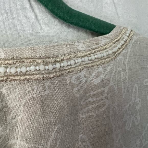 Barbara Gerwit Tan/White Linen Coral Pattern 3/4 Sleeve Tunic Top - Picture 7 of 7